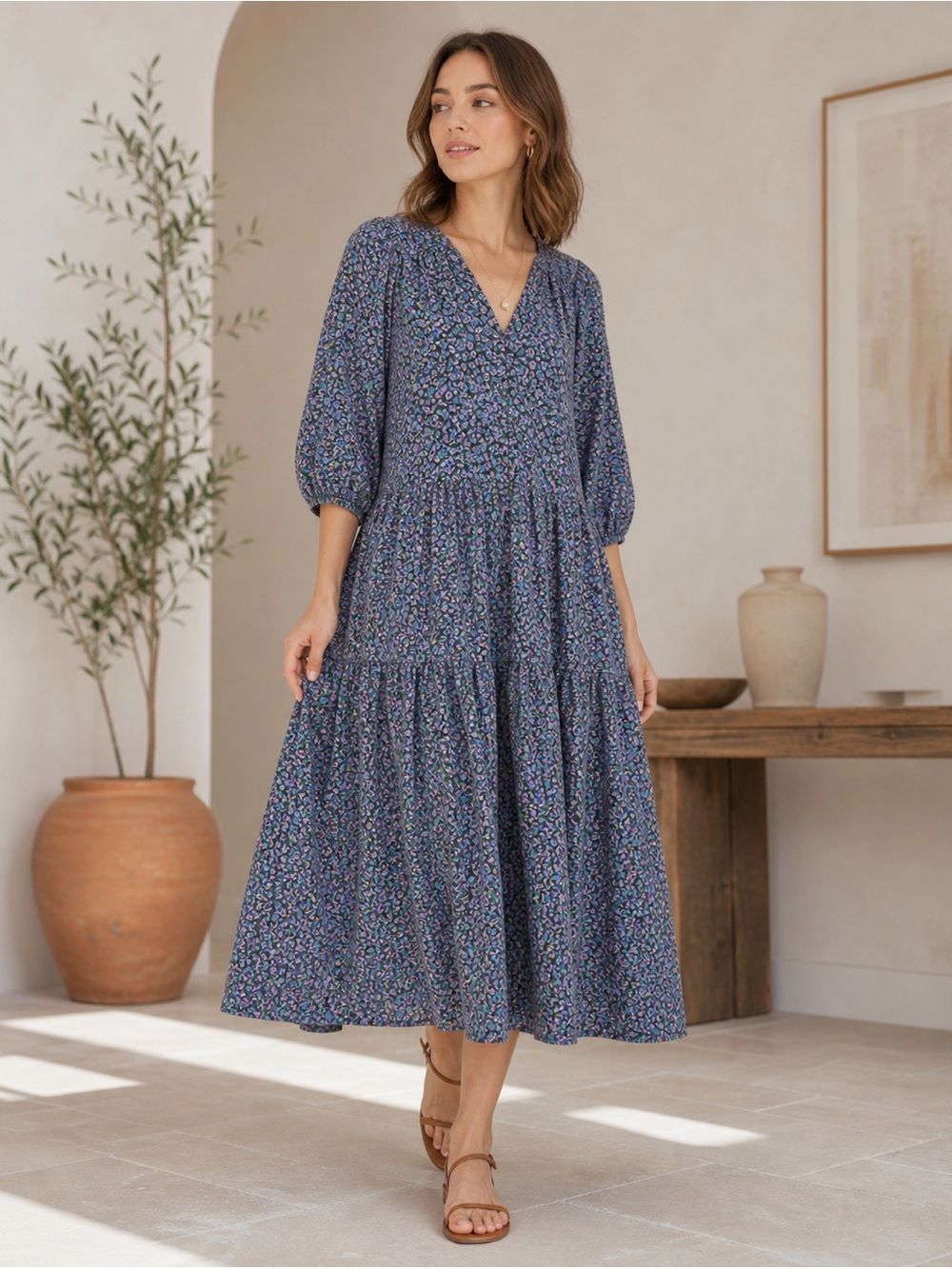 APIECE APART Mitte Floral Print Cotton Midi Dress XS Blue Purple Puff Sleeve